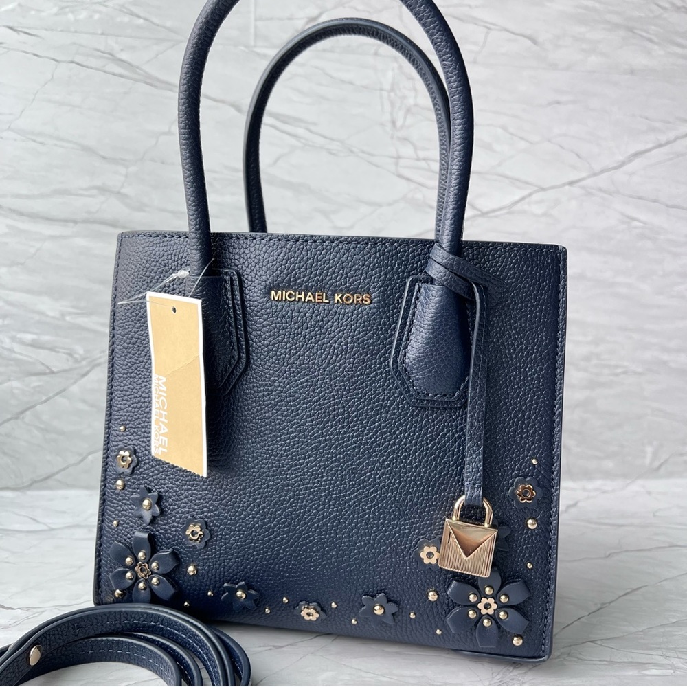 NWT MICHAEL KORS Medium Mercer Floral Accents Leather Messenger Bag